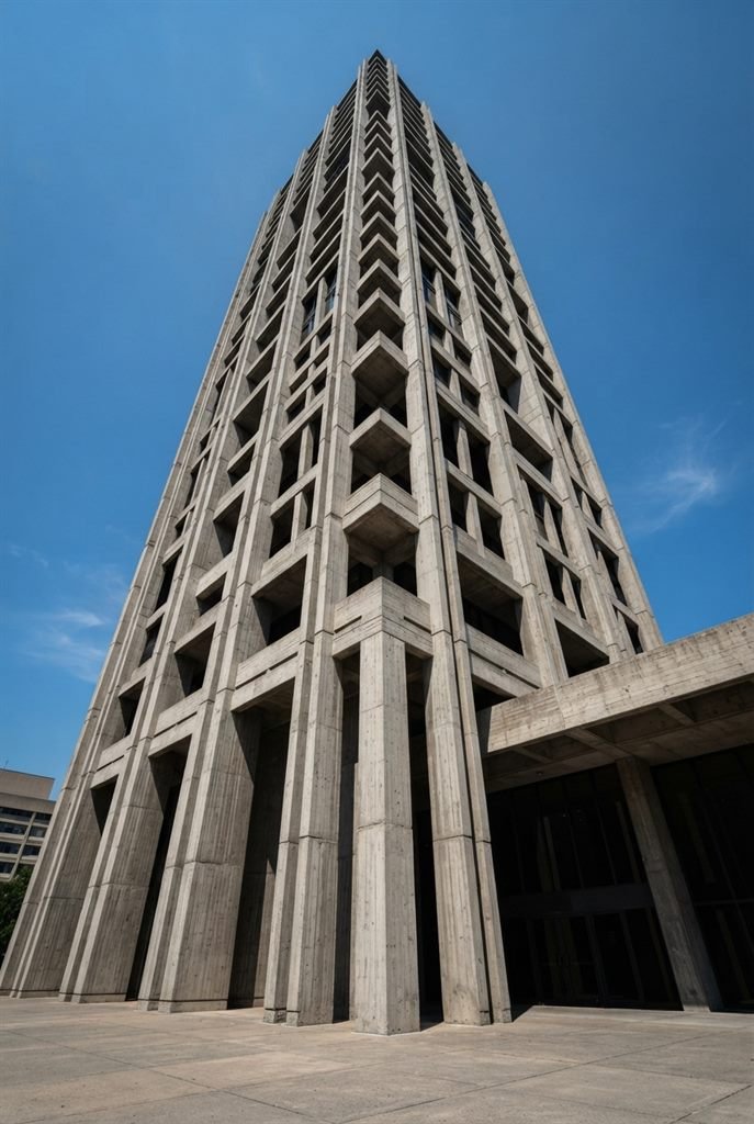 Cage d’escalier brutaliste s’élevant vers le haut