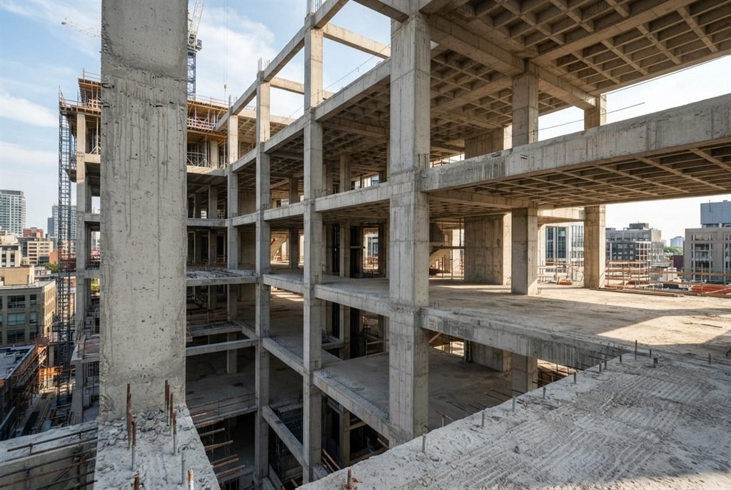 Ossature de béton apparente, poteaux et joints visibles