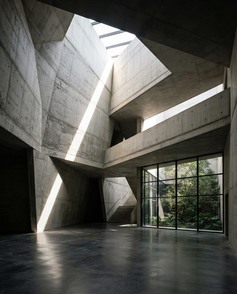 Volumes de béton géométriques s’entrecroisant en lumière naturelle